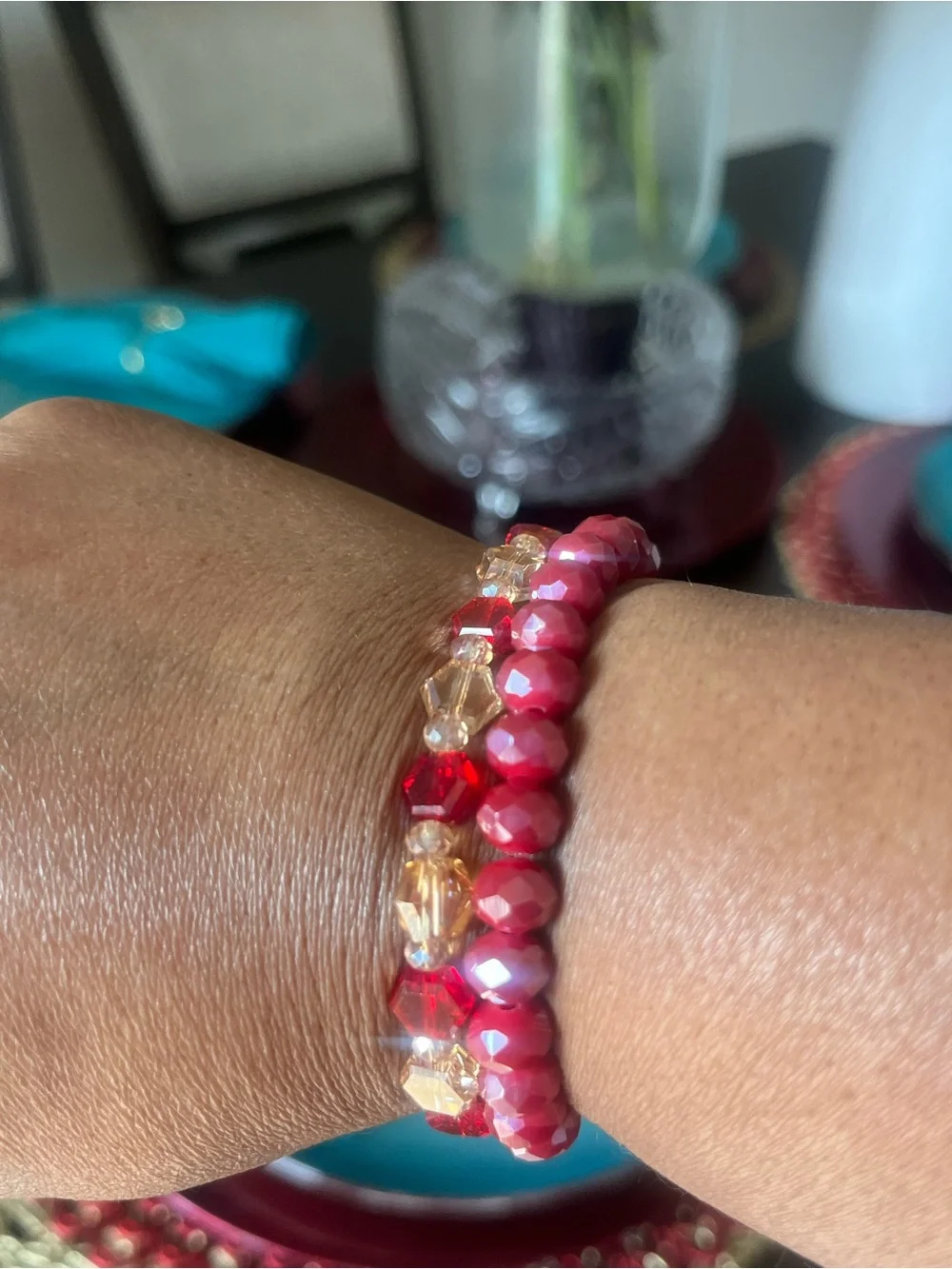 Red and Champagne Beaded Bracelet Set